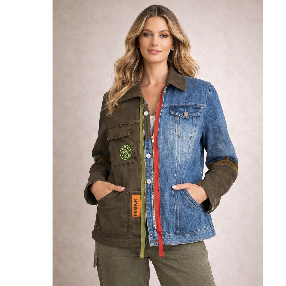 Unbranded Split Denim Utility Field Jacket Blue Olive Mixed Media Patchwork M‎